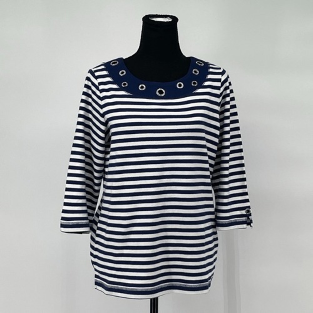 QUACKER FACTORY Women's Top Small Navy White Striped Grommet Neck 3/4 Sleeve